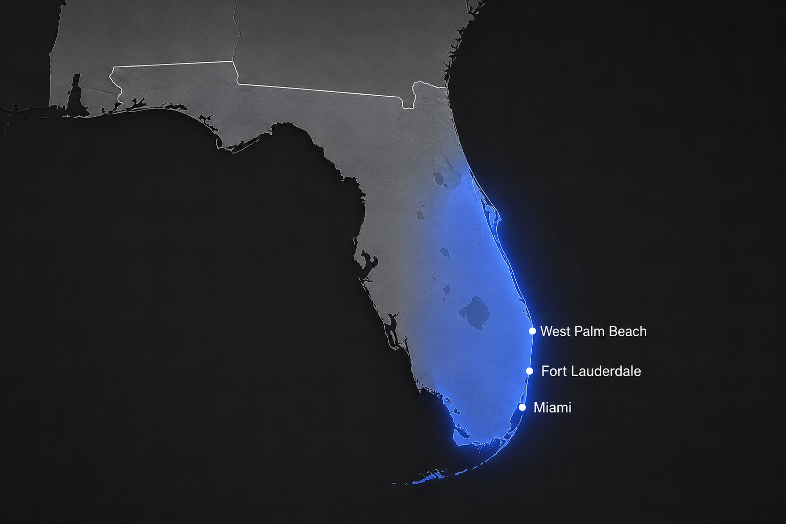 Map of Florida highlighting South Florida with Miami, Fort Lauderdale, and West Palm Beach