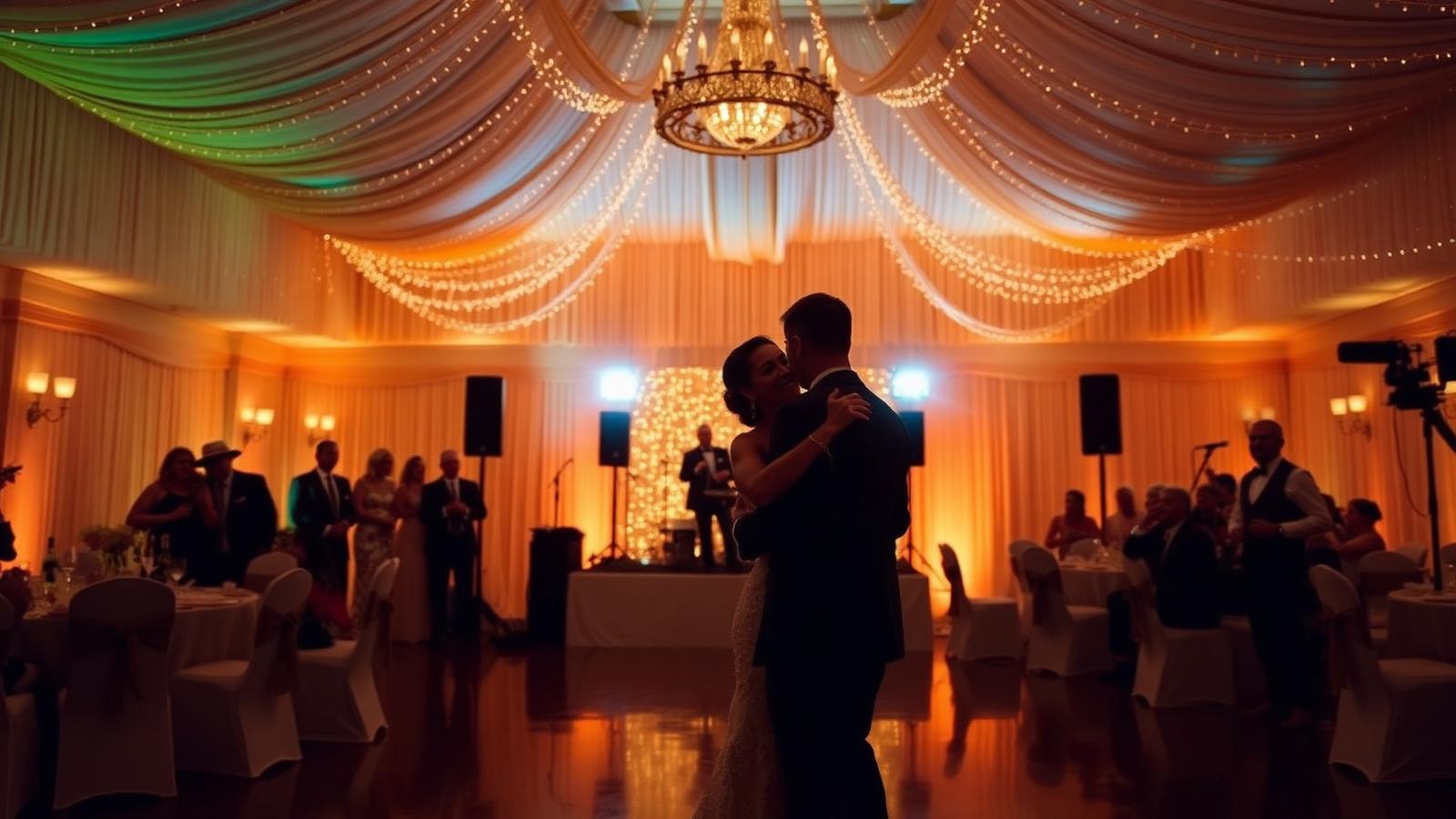 Elegant ballroom wedding reception with warm uplighting and live band